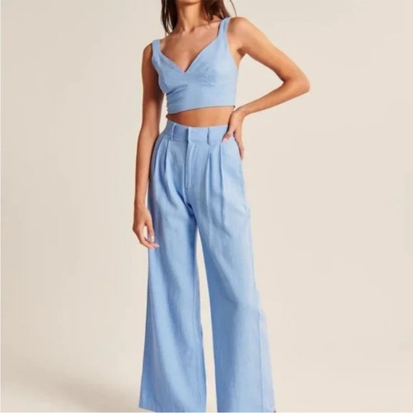 Abercrombie & Fitch Light Blue Linen Blend Pleated Front Wide Leg Pants Size S - Picture 1 of 9